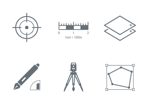 Grey land surveying equipment vector icons, target reticle, scale bar, map layers, drafting pen, theodolite, polygon boundary isolated line graphic