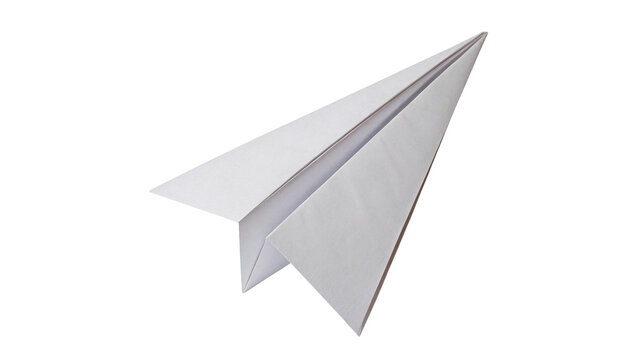 White classic folded paper airplane flying horizontally isolated on transparent background