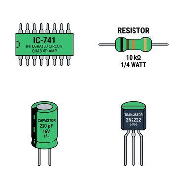 Colored flat electronic components illustration set, integrated circuit, resistor, capacitor and transistor circuit parts vector icons