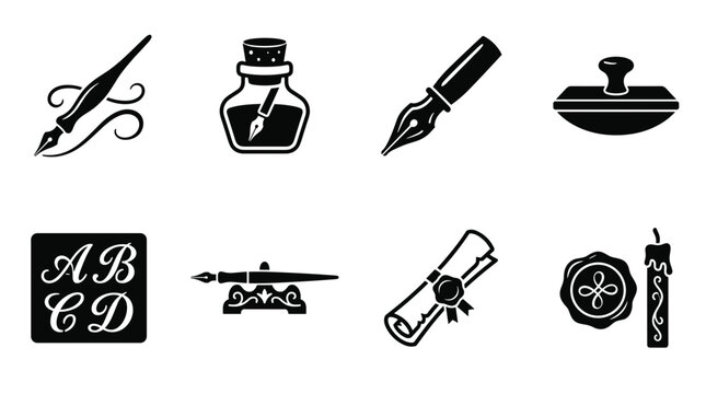Vintage calligraphy and writing stationery black silhouette icon set with dip pens, ink bottle, scroll and wax seal