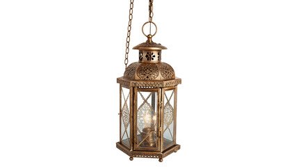 Vintage metallic hanging lantern lamp with ornaments isolated on transparent background © Hanna
