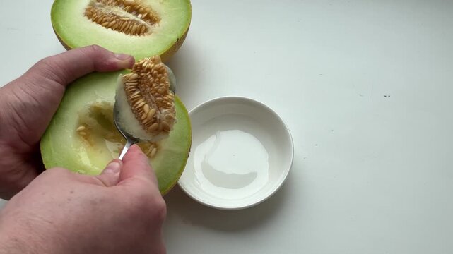 Man cleaning seeds from a halved melon with a spoon into a bowl on white background