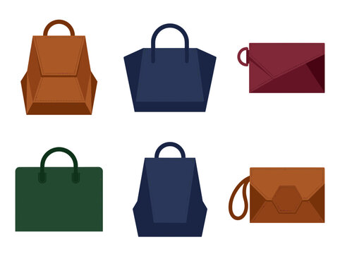 Flat vector collection of stylish women leather handbags, tote bags, backpack purses and envelope clutches isolated on clean white background