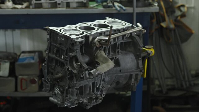 Disassembled car engine block mounted on a blue stand in workshop.