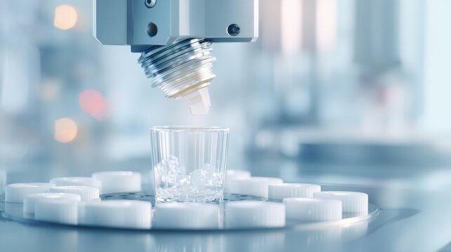 Automated laboratory dispenser filling glass vial with liquid for pharmaceutical testing and medical research backgrounds and design layouts