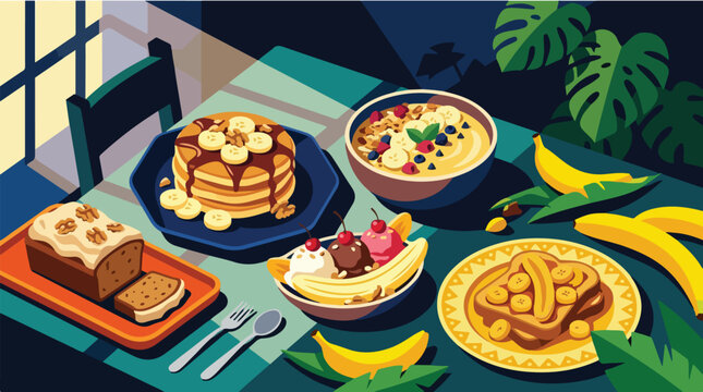 Banana breakfast spread vector illustration. Flat design banana bread pancakes and split dessert set. Healthy fruit breakfast dishes on table graphic.