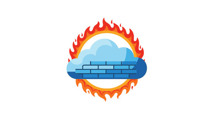 Fototapeta premium Cloud Computing Firewall Security Logo Icon. Vector illustration of a cloud with a brick wall protected by a circle of fire, representing cybersecurity and data protection.