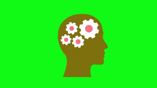 abstract silhouette of a human head with interlocking gears symbolizing the thought process mind and creativity on a dark background with a vibrant pink hue
