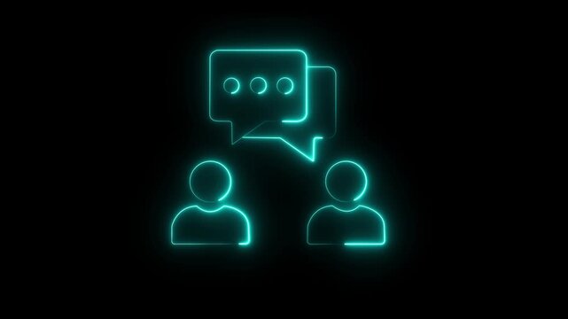 Neon red communication icon showing two people having a conversation with speech bubbles, representing discussion and interaction, isolated on a dark background.