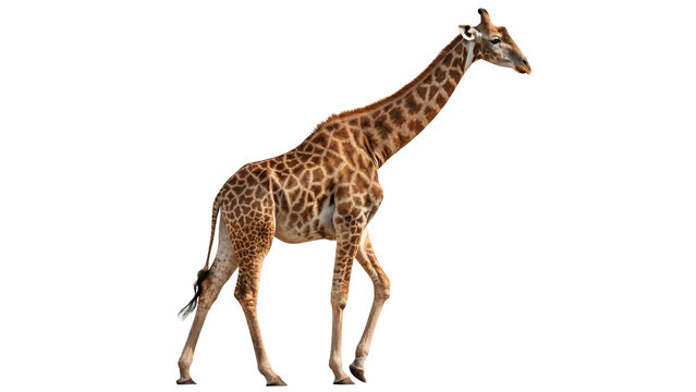 Wild African giraffe standing and looking forward alertly isolated on transparent background
