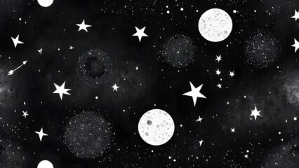 Naklejka premium Whimsical black and white seamless space pattern with stars, moons, and cosmic elements on a dark night sky background