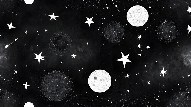 Whimsical black and white seamless space pattern with stars, moons, and cosmic elements on a dark night sky background