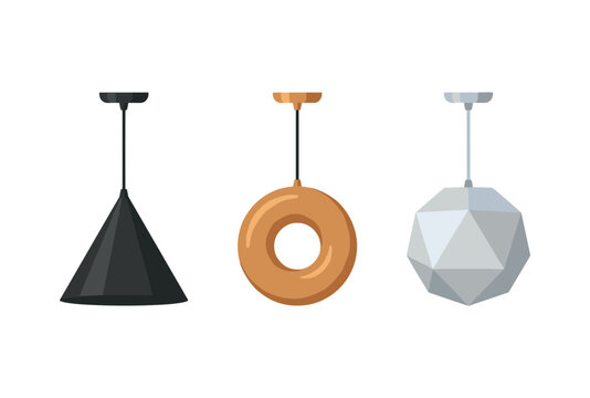 Modern pendant lamp flat vector illustration set, cone, ring and polygonal geometric hanging ceiling light fixtures for interior design