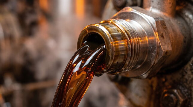 Close up of viscous amber petroleum oil pouring from an industrial metal pipe fitting at a refinery