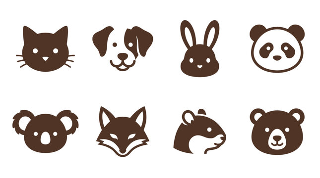 Brown cute animal head silhouette icon collection, domestic and wild pet faces including cat, dog, rabbit and panda vector symbols