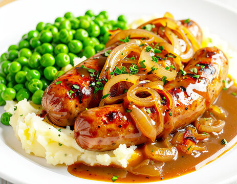 Roasted pork sausages in brown gravy and sauteed onions, white plate, closeup. AI