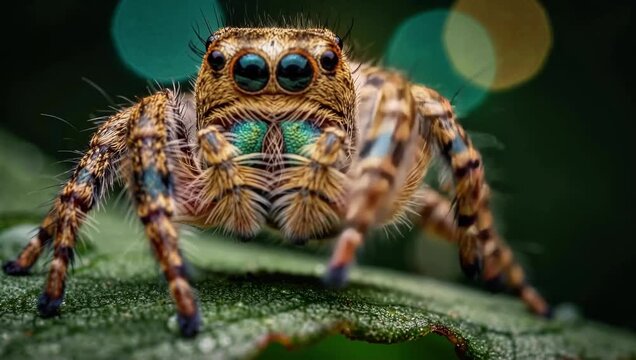 Macro closeup of jumping spider with large turquoise eyes on leaf