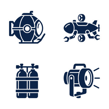 Navy blue solid vector icons set for underwater deep sea exploration, bathysphere, underwater robot and diving oxygen cylinder isolated on white background