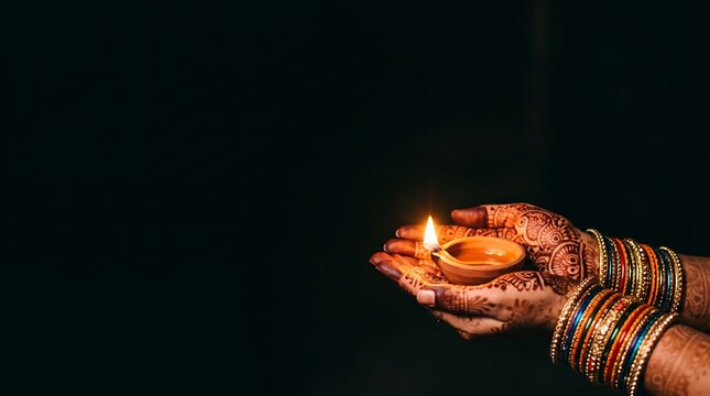 Woman hands with henna and bangles cupping a lit clay diya for Diwali 2026 festive background