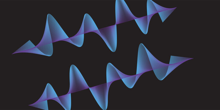 Abstract dynamic sound wave lines flowing colorful blue purple light isolated on black background. Vector illustration