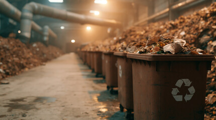 Naklejka premium Long line of brown recycling containers brimming with organic material in dimly lit industrial setting.
