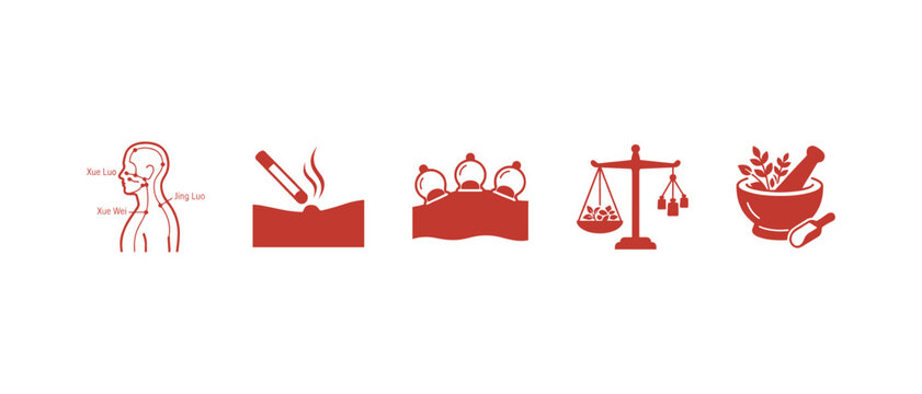 Red flat silhouette traditional chinese medicine icon set, meridian chart, moxibustion, cupping, herbal scale and mortar vector healthcare symbols