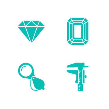 Turquoise gemstone appraisal flat silhouette icons, diamond, emerald cut stone, jeweler loupe and vernier caliper isolated on white background