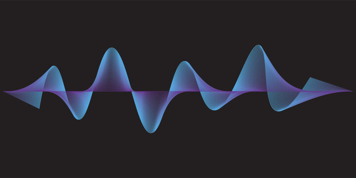 Abstract dynamic sound wave lines flowing colorful blue purple light isolated on black background. Vector illustration