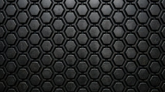 A dark, textured surface displays a repeating hexagonal pattern. The pattern is composed of small, dark hexagons with a metallic sheen.