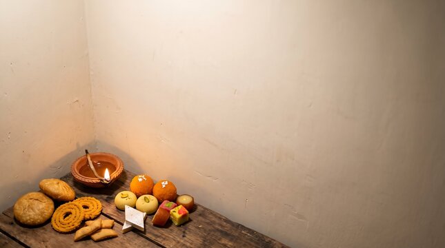 Colorful Indian sweets and crispy snacks beside a glowing clay diya for Diwali 2026 celebration greetings