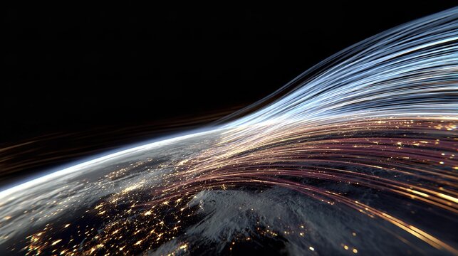 Curved Earth glows under starlit sky