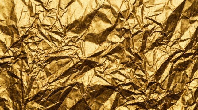 A close-up shot of crumpled gold foil creates a textured, shimmering surface. The foil is heavily wrinkled and folded, revealing its metallic sheen.