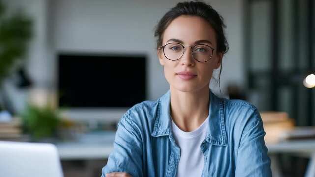 Calm female professional enjoys a peaceful moment, focusing on mental well being and stress relief while working from home. Contemporary workspace with computer and minimalist decor