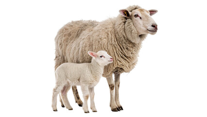 Adult domestic white sheep with small cute newborn lamb isolated on transparent background cut out © AAAstock2025