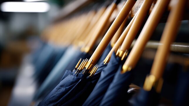 Row of wooden handled umbrellas hanging on a metal rack for retail display, background and poster design