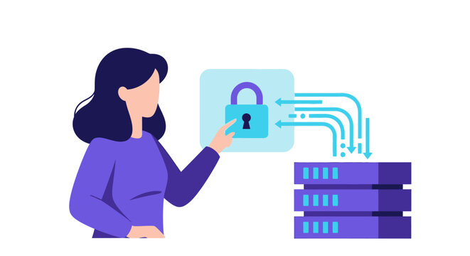 Cybersecurity Data Protection Concept Illustration with Woman Managing Secure Server Storage