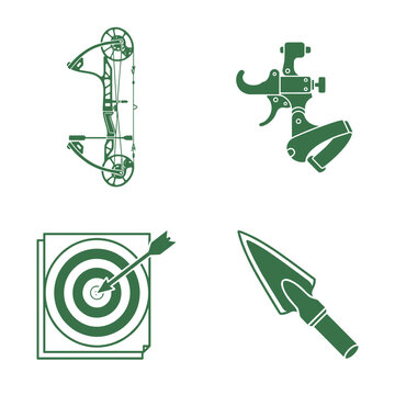 Archery shooting green line icon set, compound bow, archery release aid, target board and arrow tip outdoor sport equipment symbols