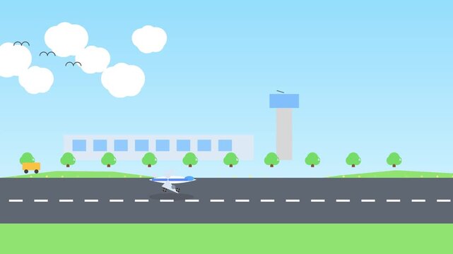 Minimalist airport vector illustration featuring a runway, control tower, and aircraft under a blue sky