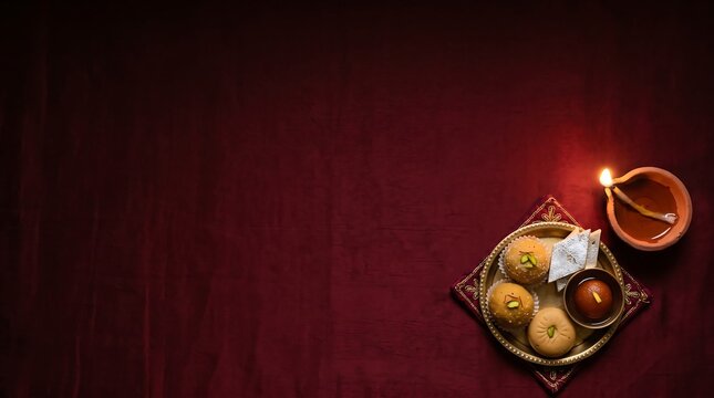 Delicious Indian sweets served on a brass plate with glowing diya for Diwali 2026 festive background