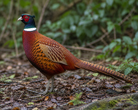Red Ring-Necked Pheasant Standing in Forest Habitat &ndash; Colorful Wildlife Bird Photography
