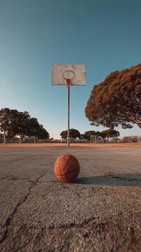 Sunlit court holds a lone, worn basketball
