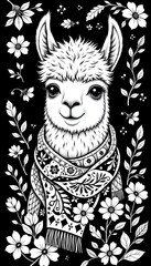 Fototapeta premium Charming line art of gentle alpaca wearing a scarf, in a cozy style, black and white, adorned with geometric flowers and leaves, smooth contours, inviting design for stress relief coloring