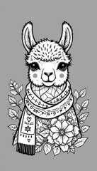 Fototapeta premium Charming line art of gentle alpaca wearing a scarf, in a cozy style, black and white, adorned with geometric flowers and leaves, smooth contours, inviting design for stress relief coloring
