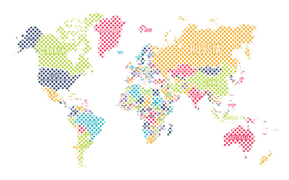 Colorful Dotted Halftone World Map with Labeled Countries and Continents