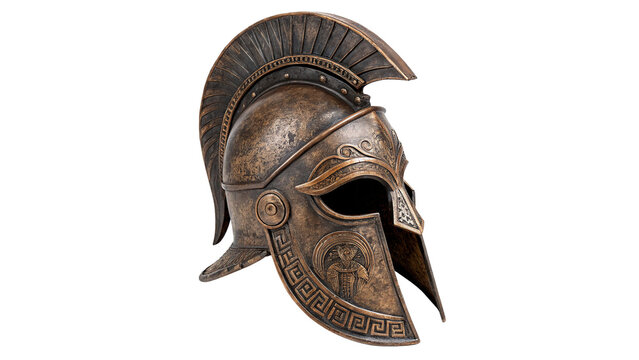 Ancient metallic military spartan greek helmet armor equipment isolated on transparent background cut out