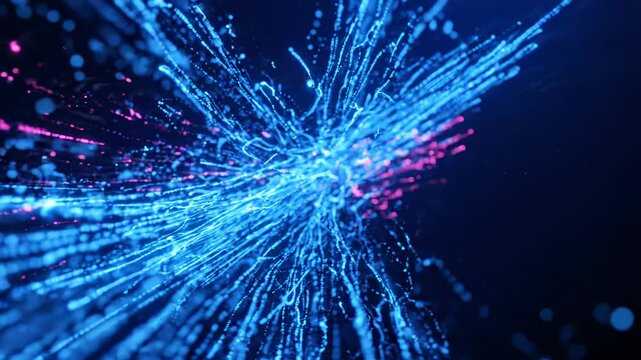 Abstract explosion of glowing pink and blue particles and light trails on a dark background