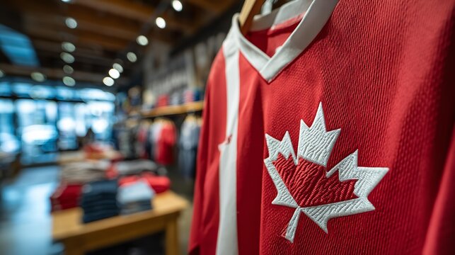 Red jersey with white maple leaf emblem hangs in store.