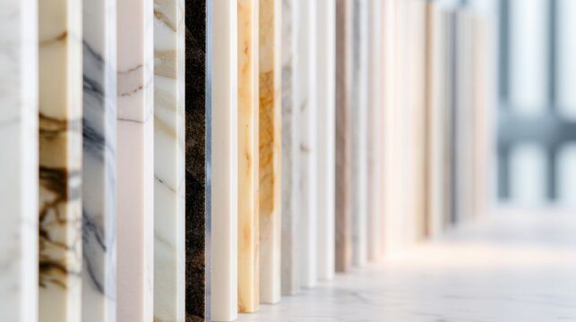 Vertical display of marble and stone sample slabs in a showroom for material selection design background and interior architecture presentations
