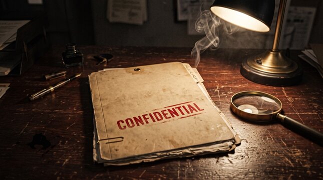 Old confidential file folder lying on dark wooden table with smoking desk lamp and magnifying glass.
