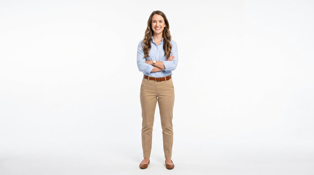 Confident young woman with long hair wearing blue shirt and khaki pants posing with arms crossed.